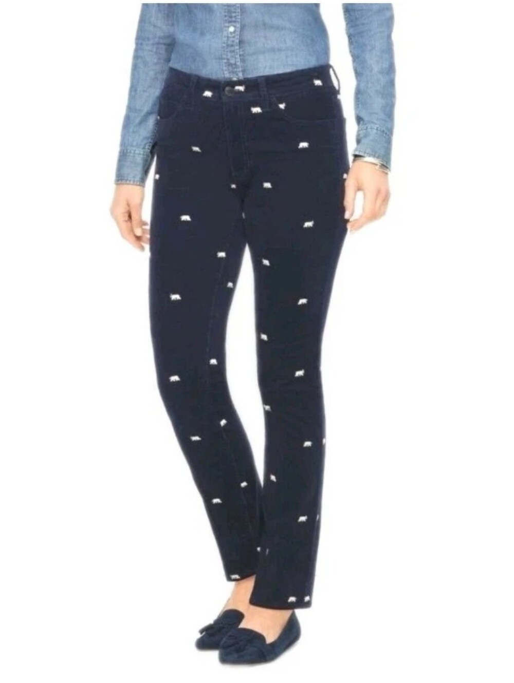 Talbots Woman 12/L Corduroy Trousers Pants Navy Embroidered Polar Bears 36/27"